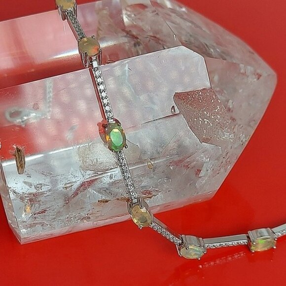 Natural Fire Opal Rainbow 6x4mm & Cz‎ 925 Sterling Silver Bracelet 7" - Picture 1 of 6